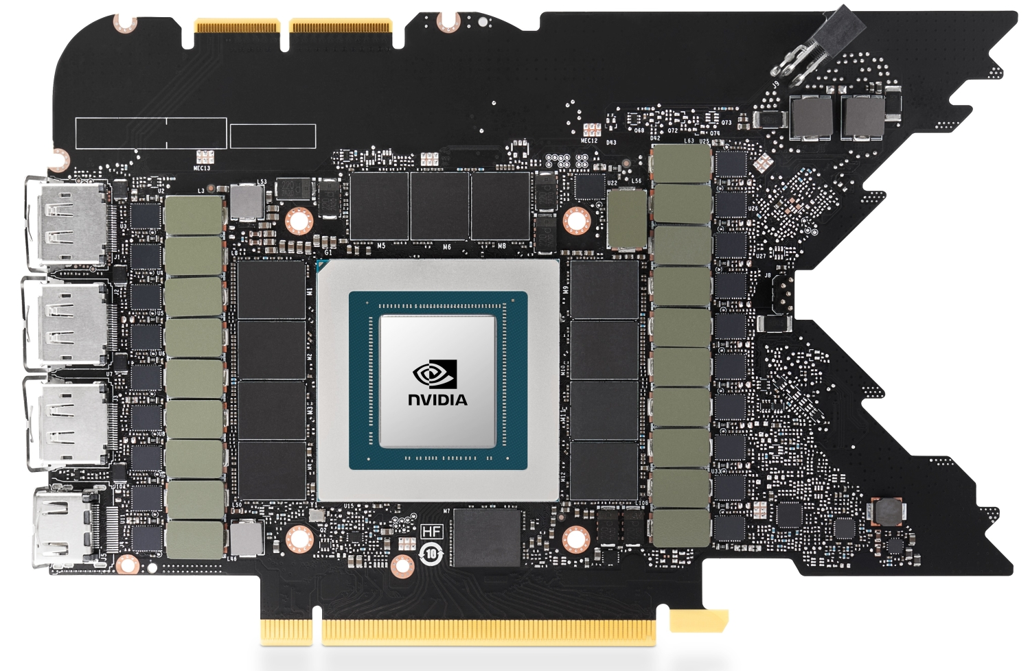 图:NVIDIA GeForce RTX 3090 Ti 主板平面图——中间为 GPU,环绕的 12 个黑色小方块为 Memory,外侧为 VRM,再往外是 I/O 及 PCIe